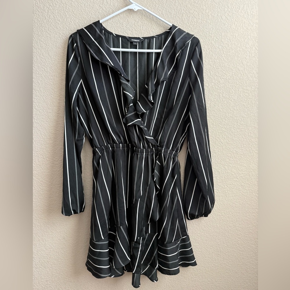 Express Striped Ruffle Wrap Dress - Picture 3 of 6